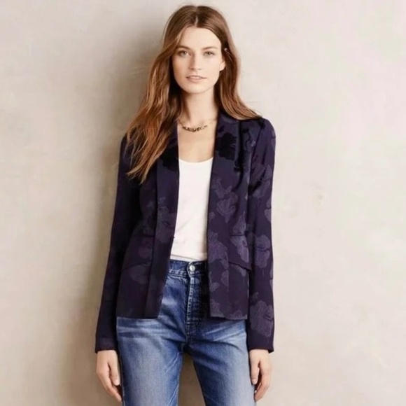 Anthropologie ELEVENSES Navy Blue Floral Jacquard Blazer Jacket Brocade Size 6 - Picture 1 of 15